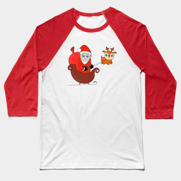 Santa Claus on the Sleigh with a Cute Reindeer Baseball T-Shirt by DiegoCarvalho